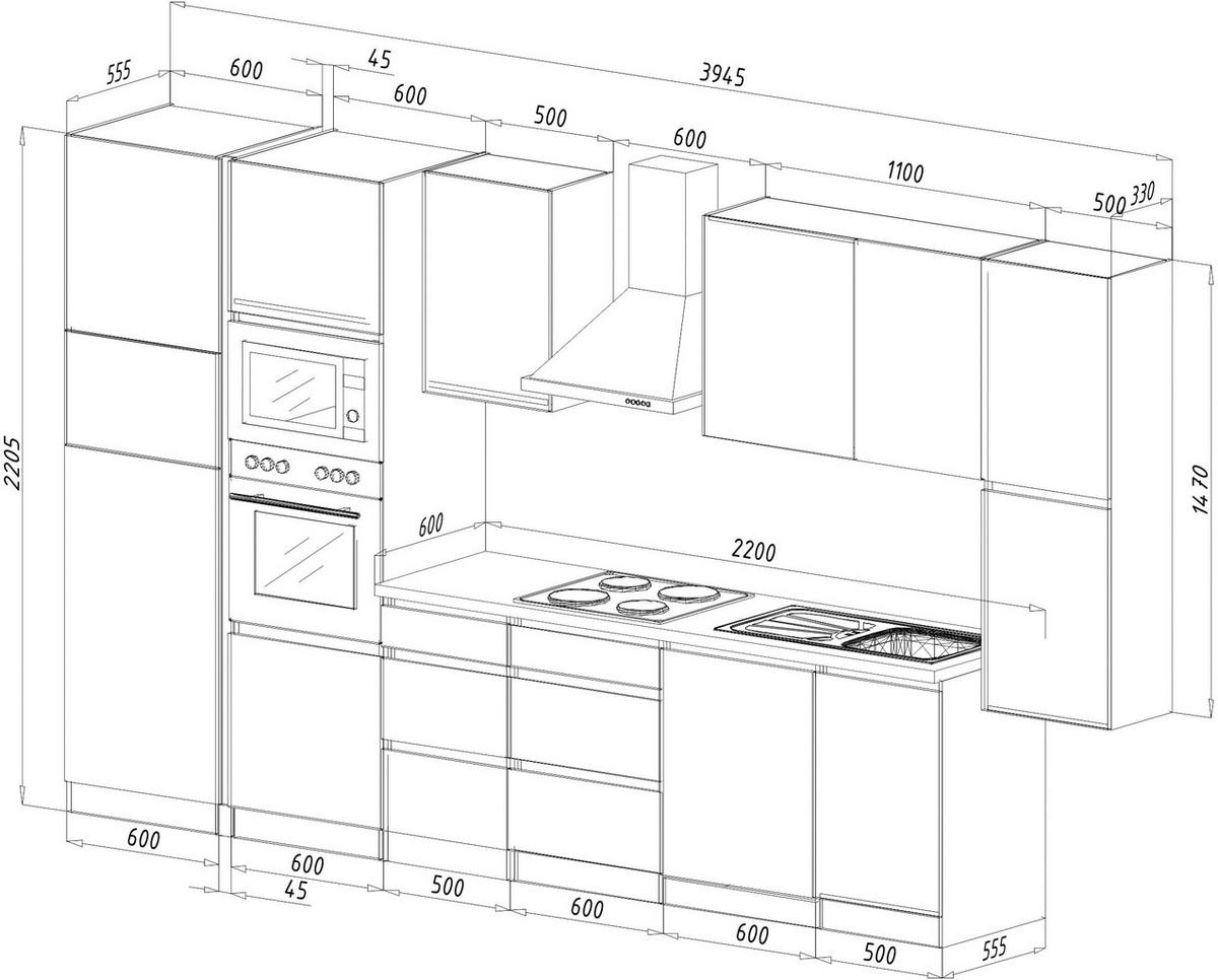 Küchenzeile Premium m. Geräte Weiß/Eiche B: ca. 395 cm - Eichefarben/Weiß Hochglanz, Basics, Holzwerkstoff (395cm) - Respekta