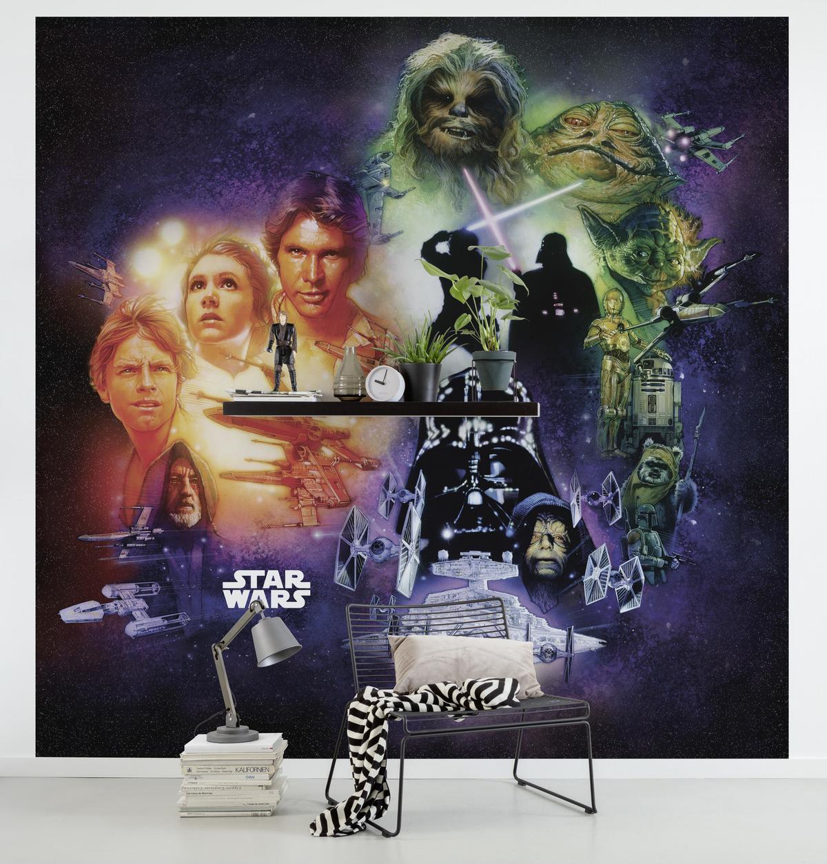 Fototapete Star Wars Poster Collage Weltall ca. 250x250cm - Schwarz/Weiß, Trend, Textil (250/250cm)