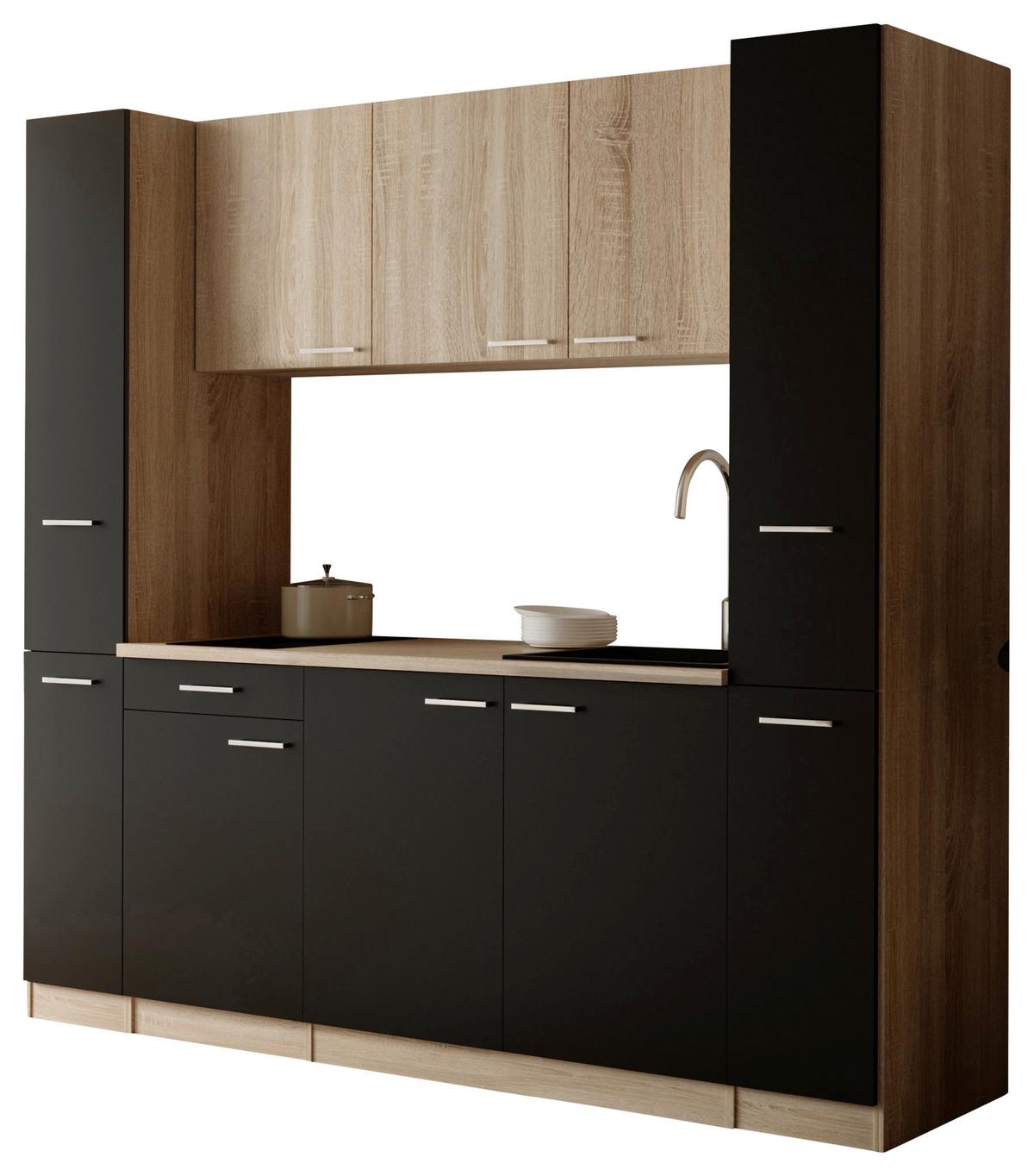 Küchenblock Ingrid m. Gerät Schwarz - Eichefarben/Schwarz, Design, Holzwerkstoff/Kunststoff (210cm) - Respekta