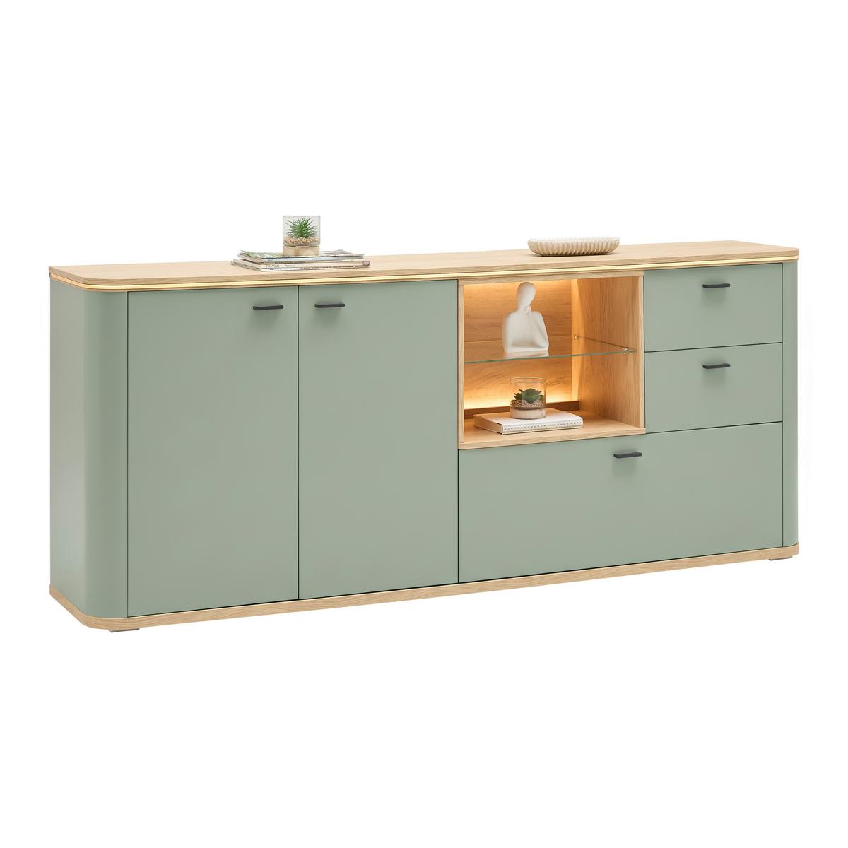 Sideboard Lagos Salbeigrün/Eiche Artisan - Salbeigrün/Anthrazit, Modern, Glas/Holzwerkstoff (210,2/87,5/42,5cm) - Premium Living