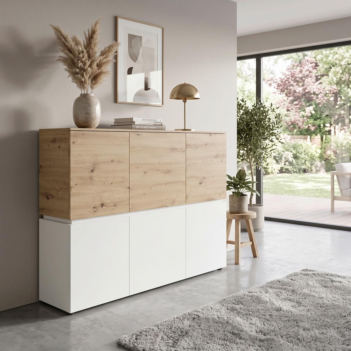 Široka Komoda Luci, Bela, Barva Hrasta - bela/hrast artisan, Trend, umetna masa/leseni material (165,5/131,5/40cm) - Modern Living
