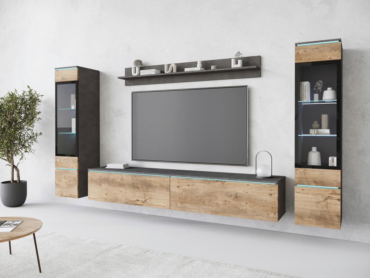 Dnevni Regal Vera I, Antracit, Barva Kostanja, Z Osvetlitvijo - siva/barva kostanjevega hrasta, Trend, umetna masa/steklo (240/130/33cm) - P & B