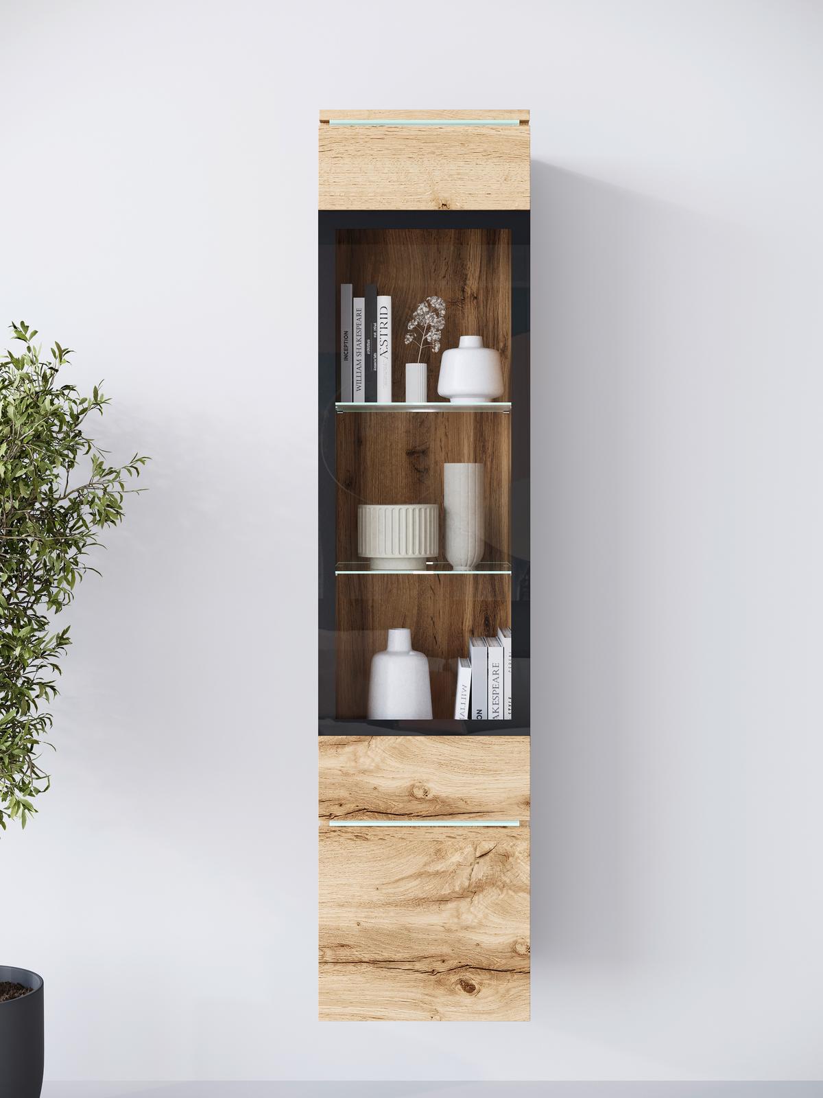 Vitrina Vera 002, Barva Hrasta - hrast wotan/siva, Design, steklo/leseni material (30/130/33cm) - Livetastic