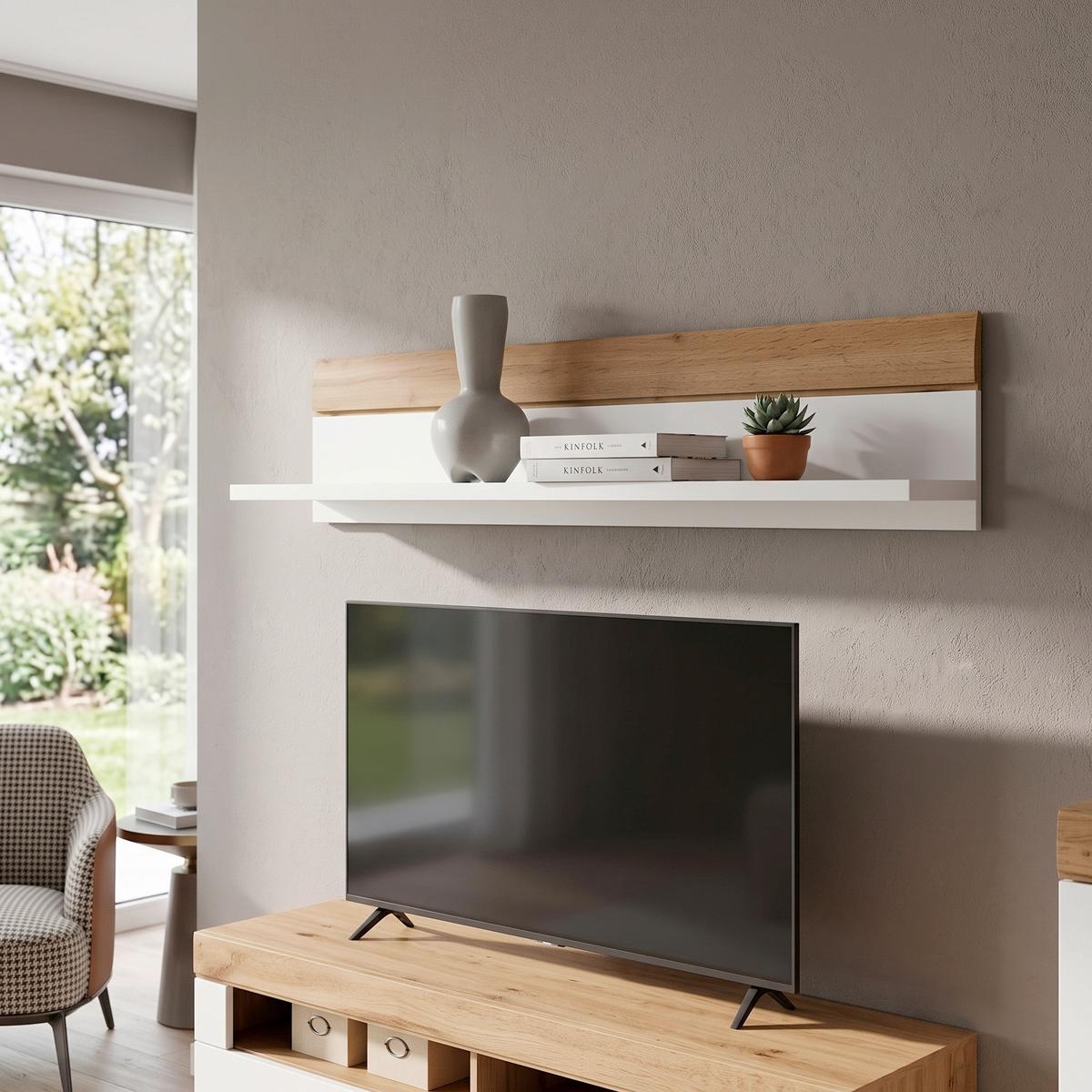 Stenska Polica Merida, Bela, Barva Hrasta - hrast wotan/bela, Romantika, leseni material (140/23/21,6cm) - Modern Living