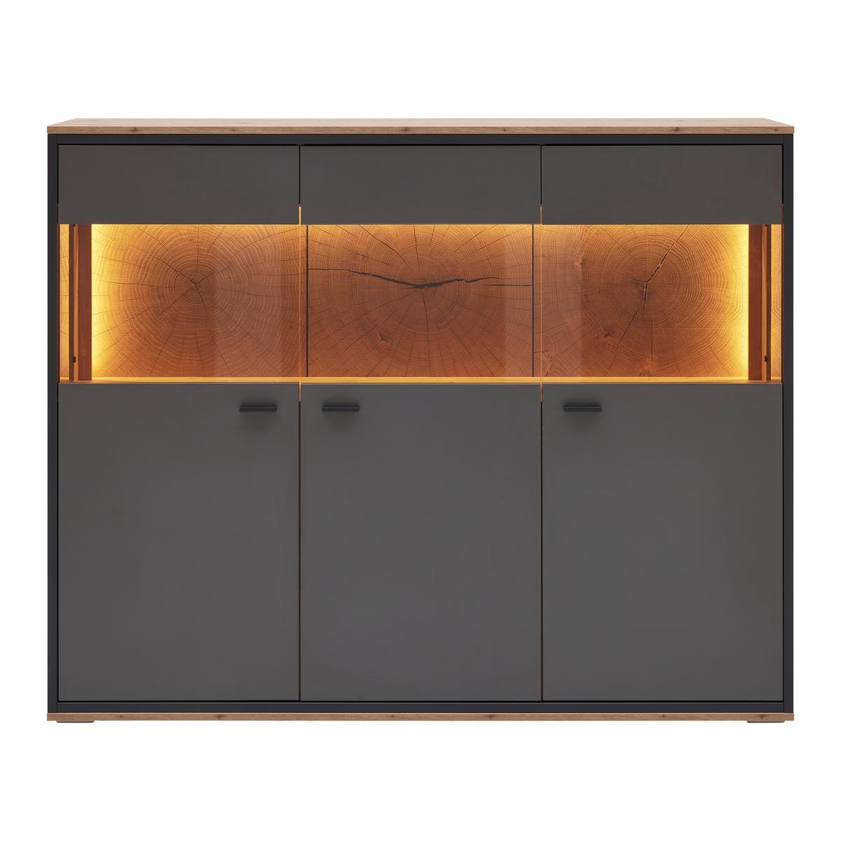 Highboard Florenz Grau/Eiche Artisan - Schwarz/Eiche Artisan, Modern, Glas/Holzwerkstoff (150,2/121,5/38cm) - Premium Living