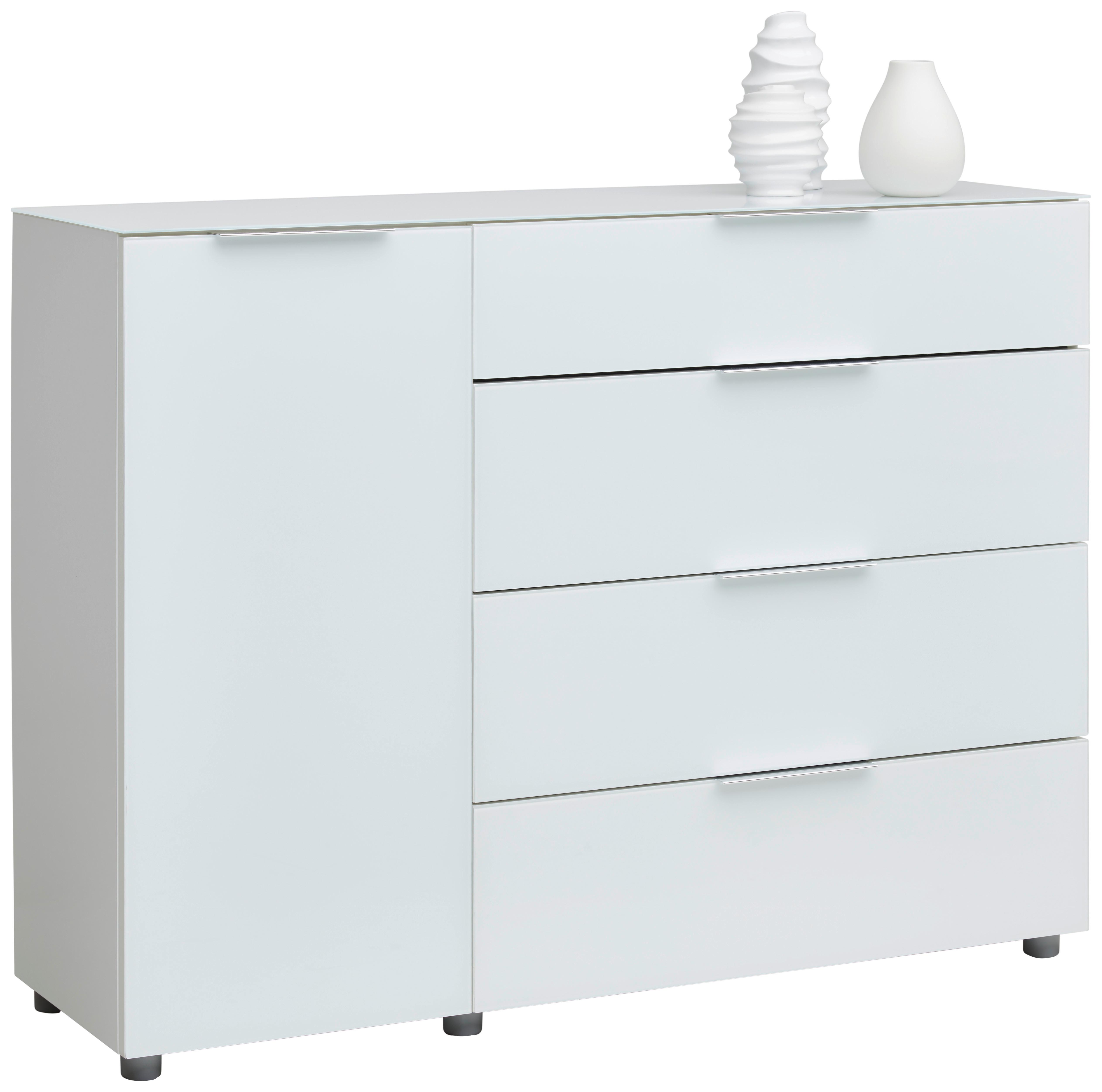 KOMODA SZEROKA MALIN - biały wysoki połysk/szary, Basics, materiał drewnopochodny/tworzywo sztuczne (135/101/40cm) - Voleo