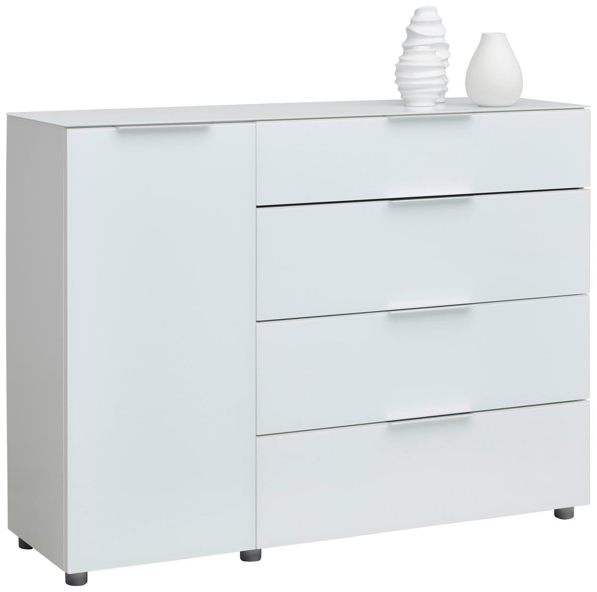KOMODA SZEROKA MALIN - biały wysoki połysk/szary, Basics, materiał drewnopochodny/tworzywo sztuczne (135/101/40cm) - Voleo