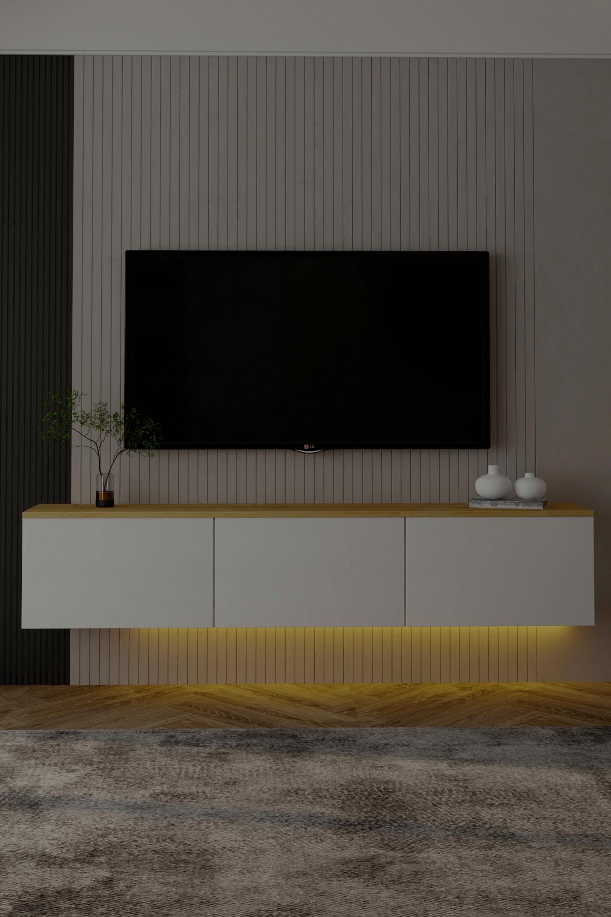 LOWBOARD NEON TV-MÖBEL - Weiss/Eichefarben, Design, Holzwerkstoff (160/35/32cm) - Livetastic