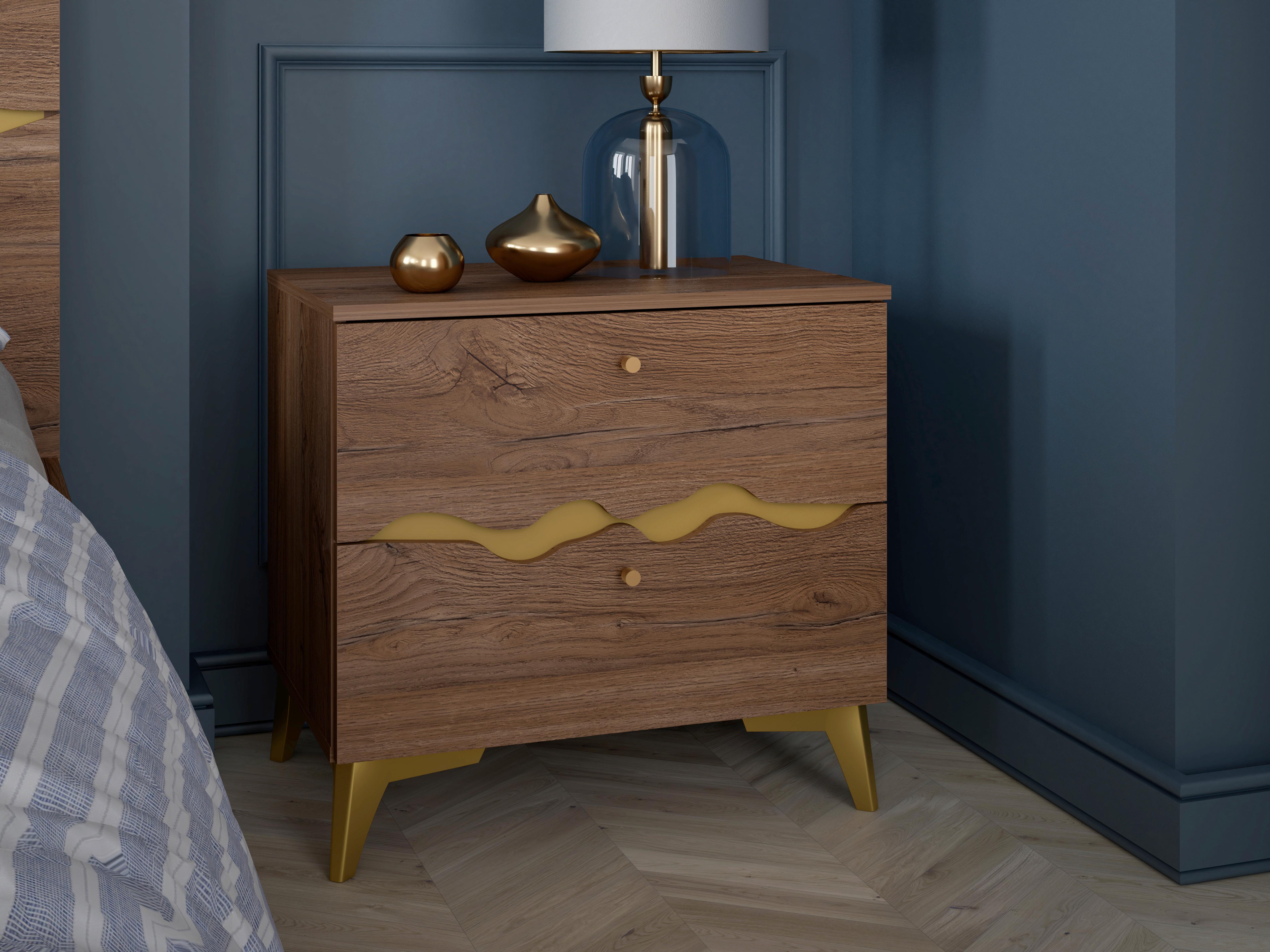 Noćni Ormarić Kenyatta - boje hrasta/zlatne boje, Moderno, drvni materijal/metal (60,2/57/41,3cm) - Modern Living