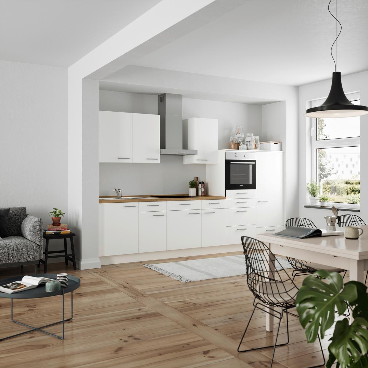 Küchenblock Touch Low m. Geräten Weiß - Edelstahlfarben/Eichefarben, MODERN, Holzwerkstoff/Metall (330cm) - Nobilia