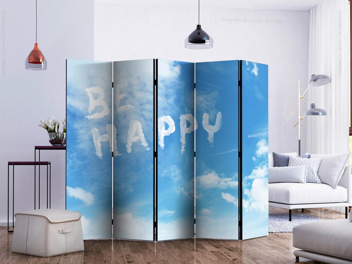 Paravan Be Happy I, 5-Delni, Dvostranski - svetlo modra/bela, Basics, tekstil/les (225/172/3cm) - artgeist