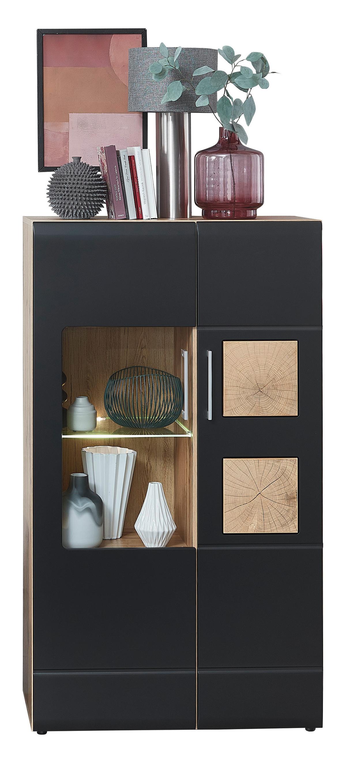 Wohnwand in Schwarz/Eichefarben - Chromfarben/Eichefarben, KONVENTIONELL, Glas/Holzwerkstoff (330/208/52cm) - Mömax
