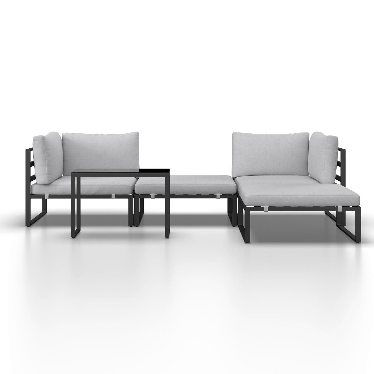 Loungegarnitur Valentina Hellgrau Metall/Textil/Glas - Hellgrau/Schwarz, Modern, Glas/Textil (90/65/74cm) - Bessagi Garden