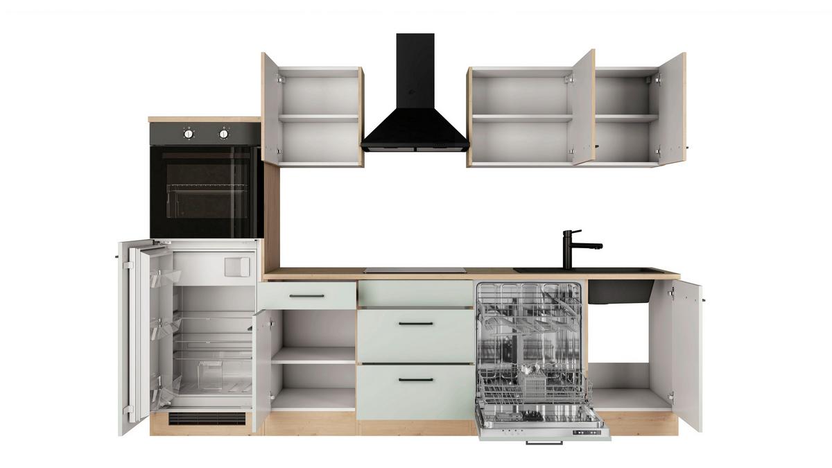 Küchenblock Cara m. Geräten Schilfgrün - Schilfgrün/Schwarz, Trend, Holzwerkstoff/Metall (280cm) - FlexWell