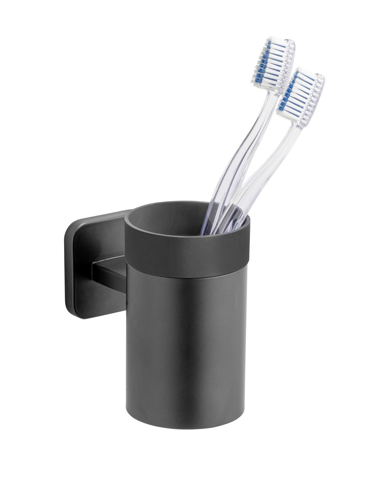 Pahar pentru periuțe de dinți Porto - negru, Konventionell, plastic/metal (6,5/11/10,5cm) - Wenko