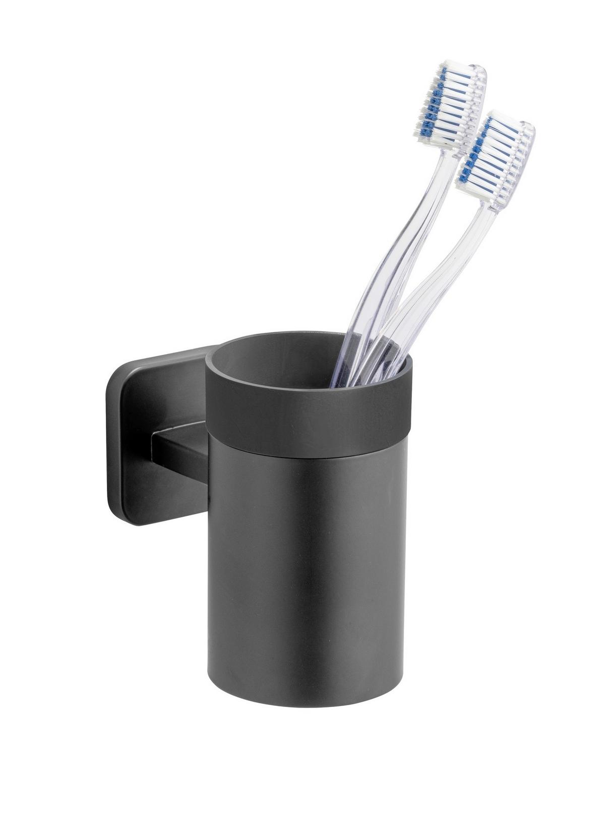Pahar pentru periuțe de dinți Porto - negru, Konventionell, plastic/metal (6,5/11/10,5cm) - Wenko