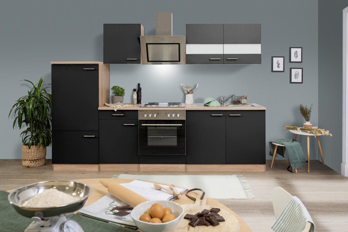 Küchenblock Merle mit Geräten ca. 270 cm Schwarz - Edelstahlfarben/Eichefarben, Basics, Holzwerkstoff/Metall (270cm) - Respekta