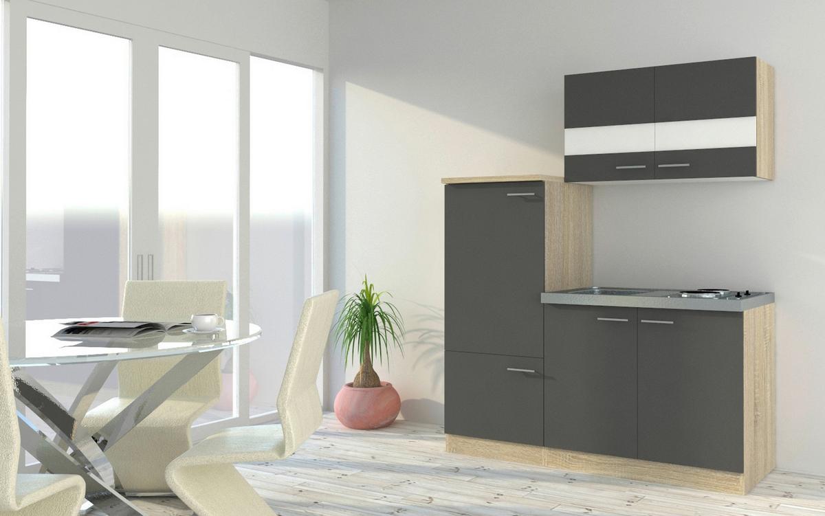 Küchenblock Economy Grau/ Eiche m. Geräten B: ca. 160 cm - Edelstahlfarben/Eichefarben, Basics, Holzwerkstoff (160cm) - Respekta