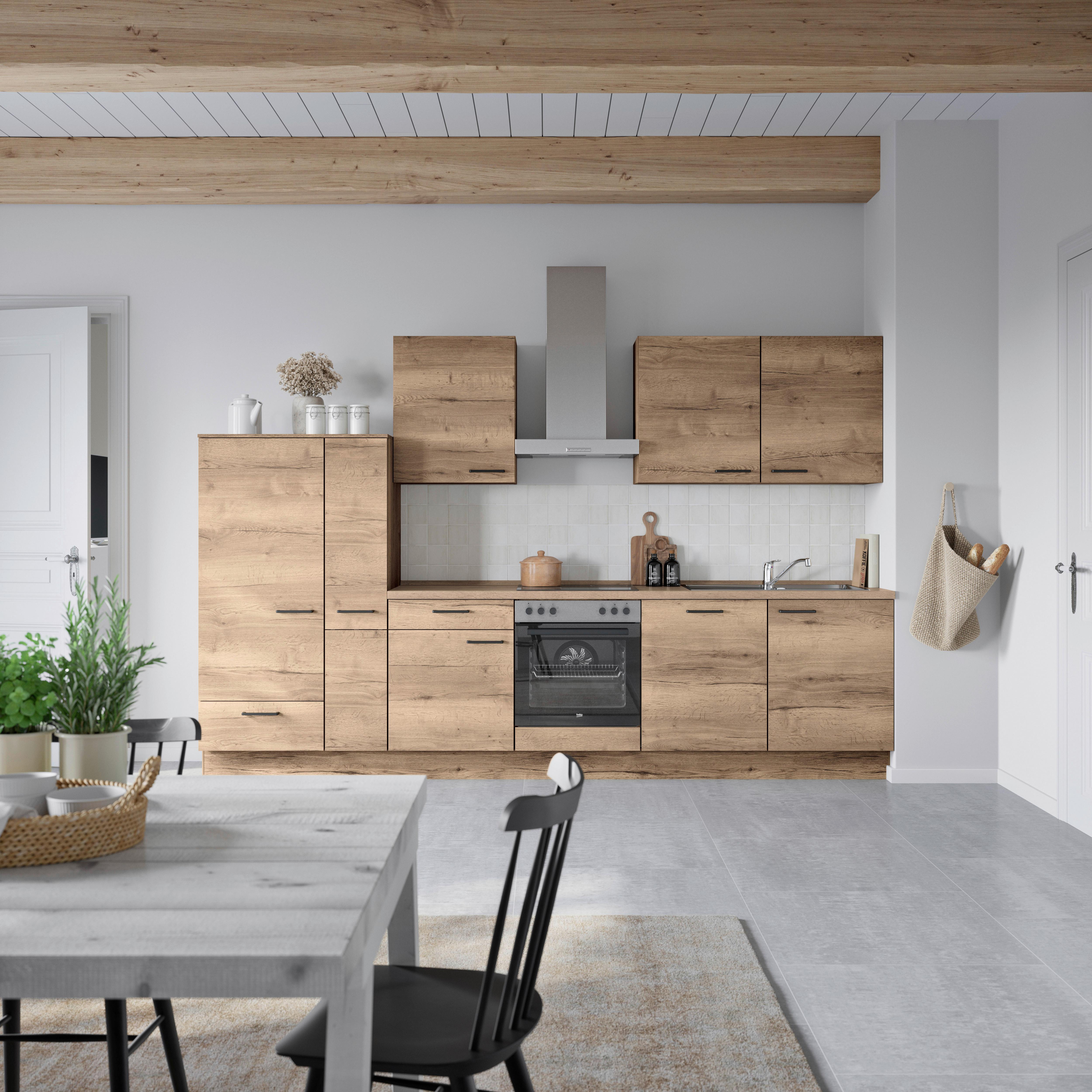 Küchenblock Structura Low m. Geräten Eiche dunkel - Eiche dunkel/Eichefarben, MODERN, Holzwerkstoff/Metall (330cm) - Nobilia