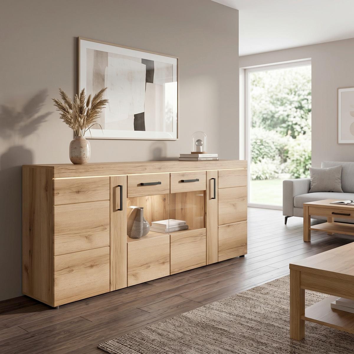 Comodă Cortina - culoare lemn stejar, Modern, sticlă/material pe bază de lemn (185,1/86/40,9cm) - Modern Living