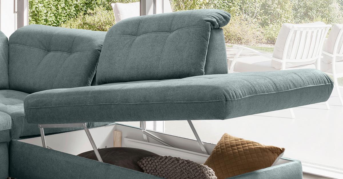 Wohnlandschaft Rigatti Blau Chenille mit Bettkasten - Blau/Schwarz, MODERN, Textil/Metall (184/387/252cm) - Livetastic