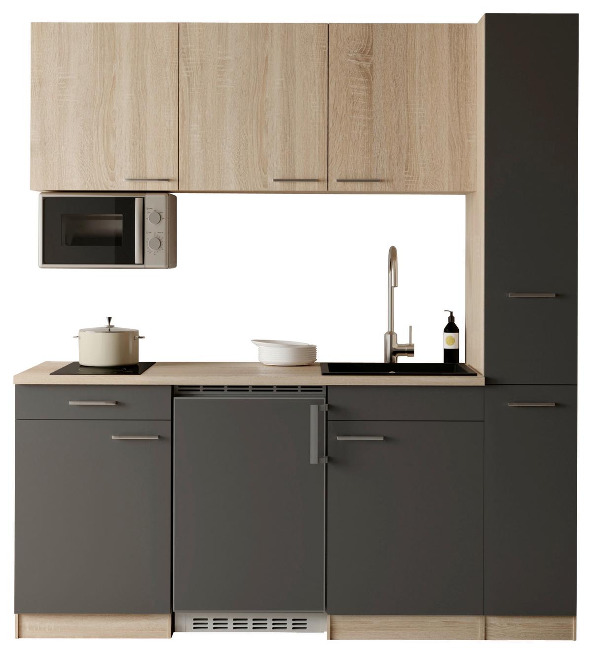 Küchenblock Ingrid m. Geräten Grau - Eichefarben/Alufarben, Design, Holzwerkstoff/Kunststoff (180cm) - Respekta
