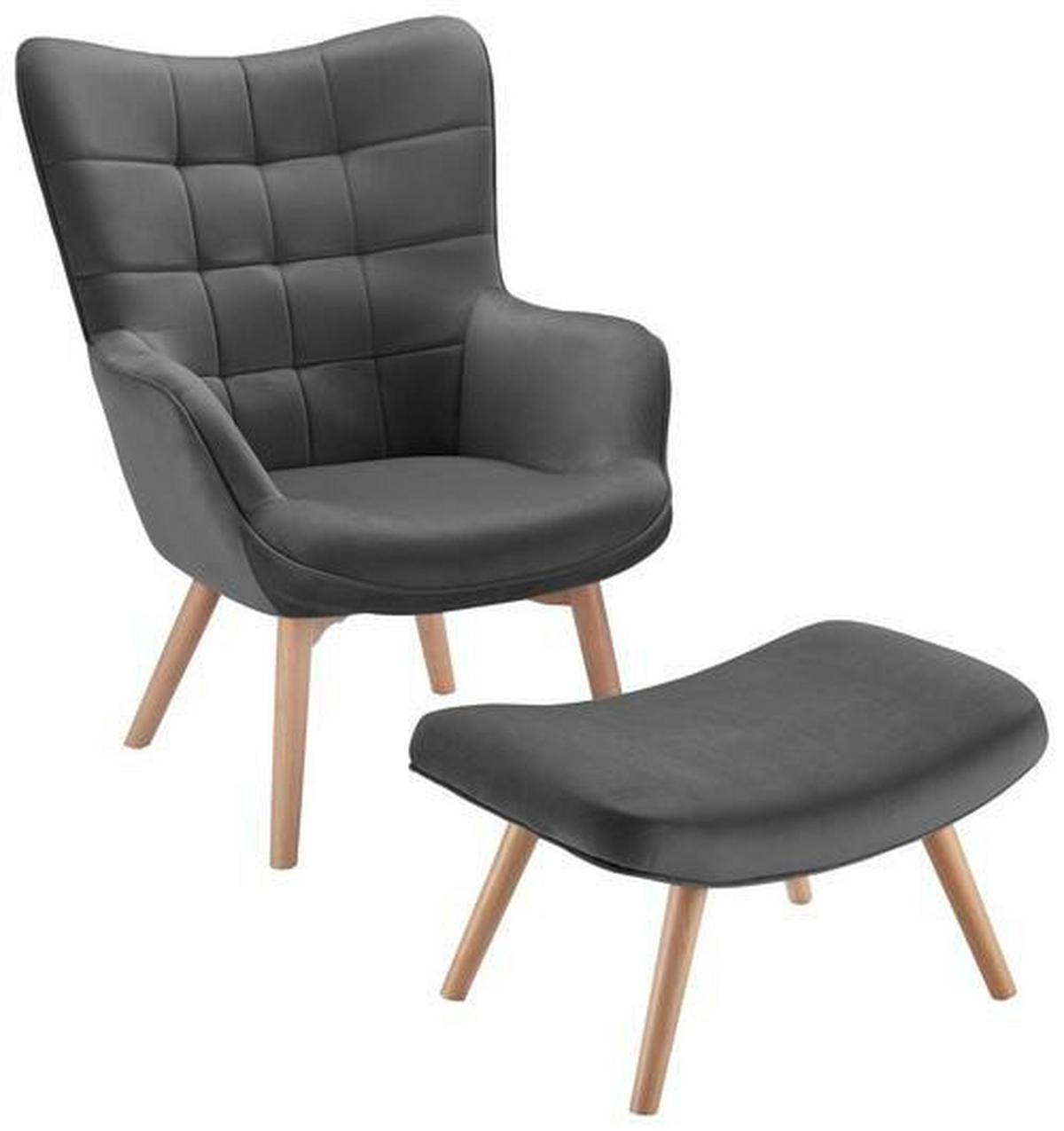Relaxsessel mit Hocker Merlin Grau Samt - Anthrazit, MODERN, Holz/Textil (71/98/80cm) - Bessagi Home