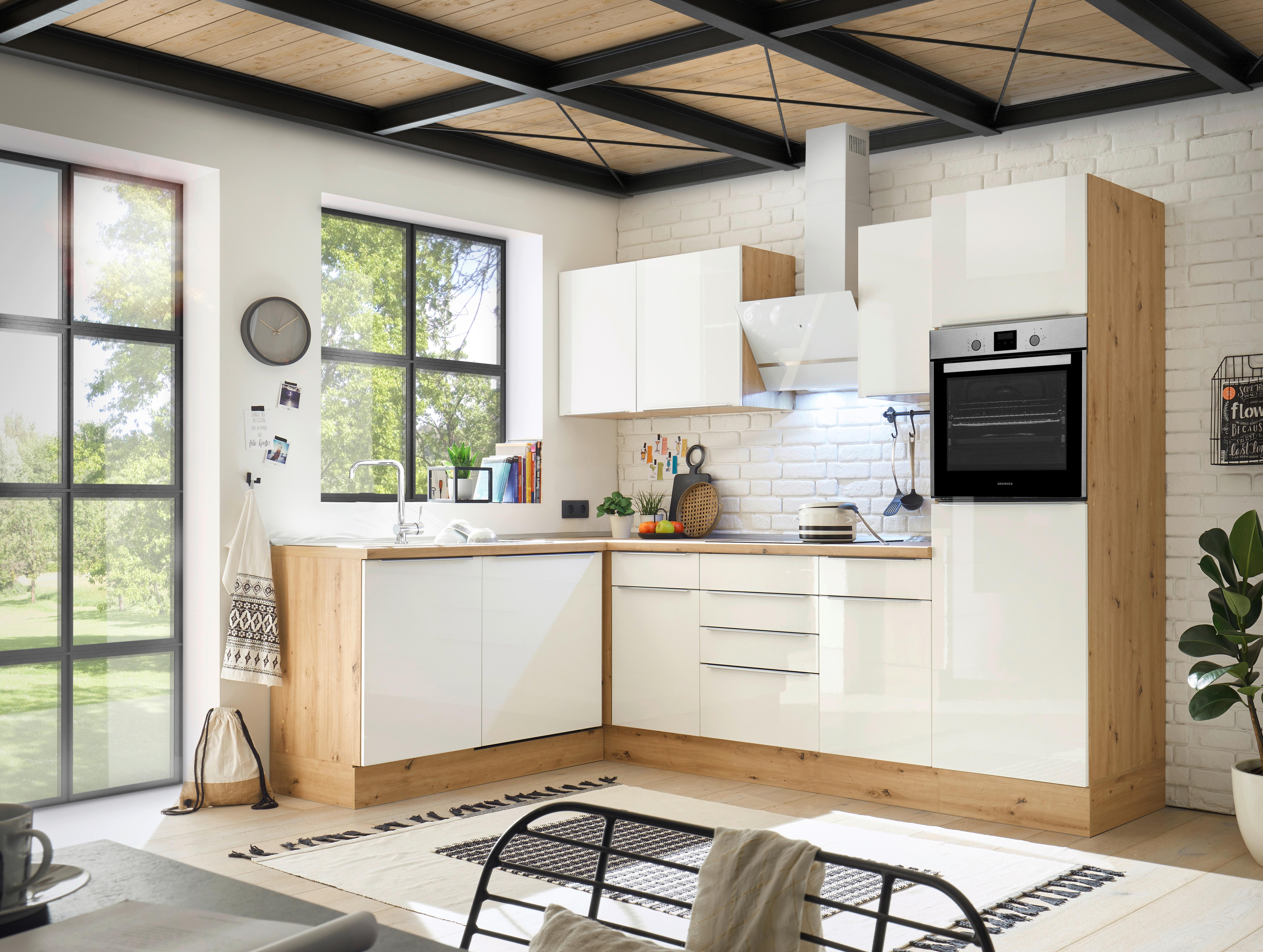 Eckküche mit Geräten Weiß Hochg/Eiche ca. 280x170cm - Weiß Hochglanz/Alufarben, LIFESTYLE, Holzwerkstoff/Kunststoff (280/170cm) - Respekta