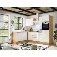 Eckküche mit Geräten Weiß Hochg/Eiche ca. 280x170cm - Weiß Hochglanz/Alufarben, LIFESTYLE, Holzwerkstoff/Kunststoff (280/170cm) - Respekta
