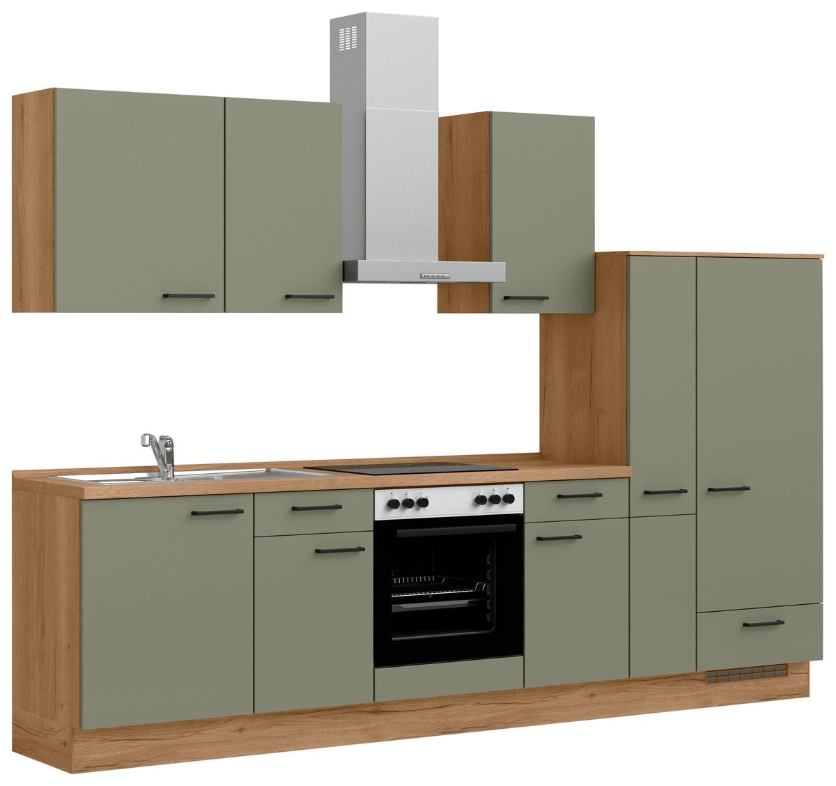 Küchenleerblock Senso Low o. Geräte Olivgrün - Eichefarben/Schwarz, MODERN, Holzwerkstoff/Metall (300cm) - Nobilia