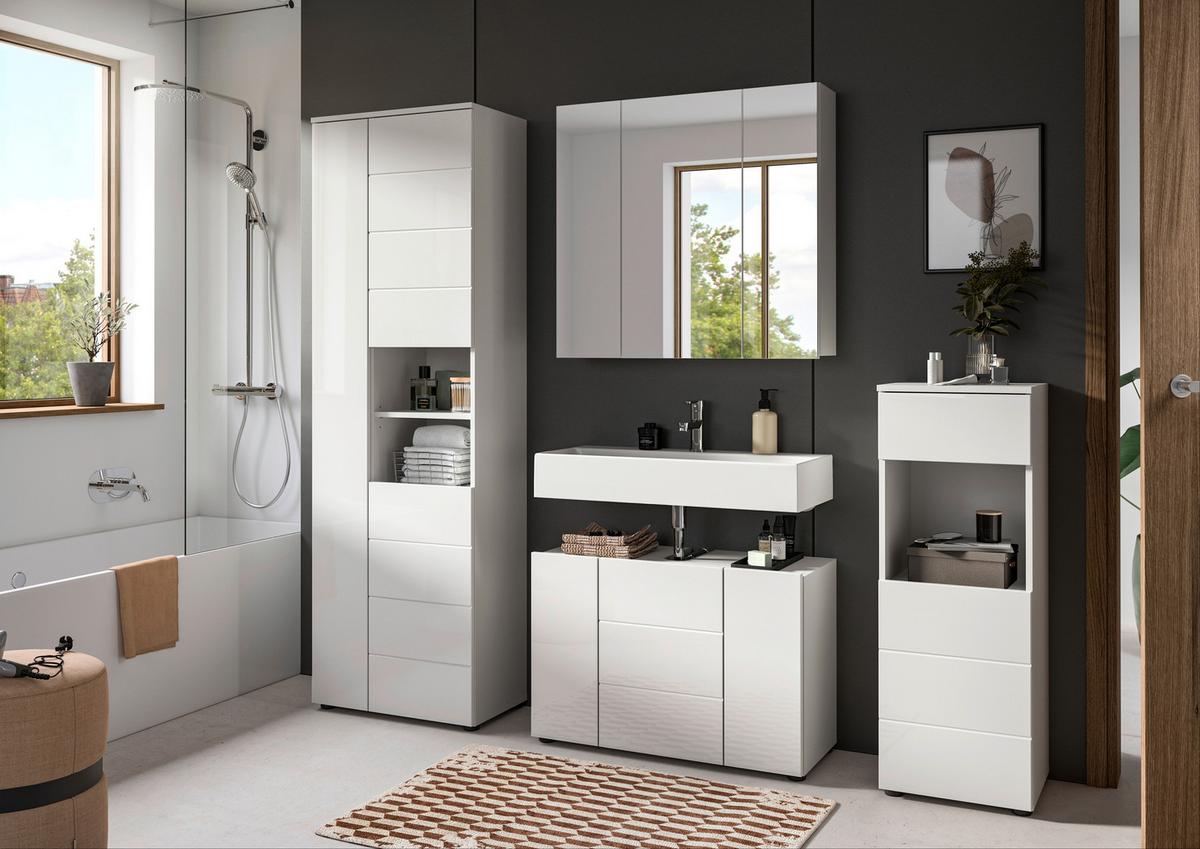Badezimmer Vira 4-tlg. mit LED ca. 180 cm Weiß - Weiß Hochglanz/Schwarz, MODERN, Holzwerkstoff/Kunststoff (180cm) - MID.YOU