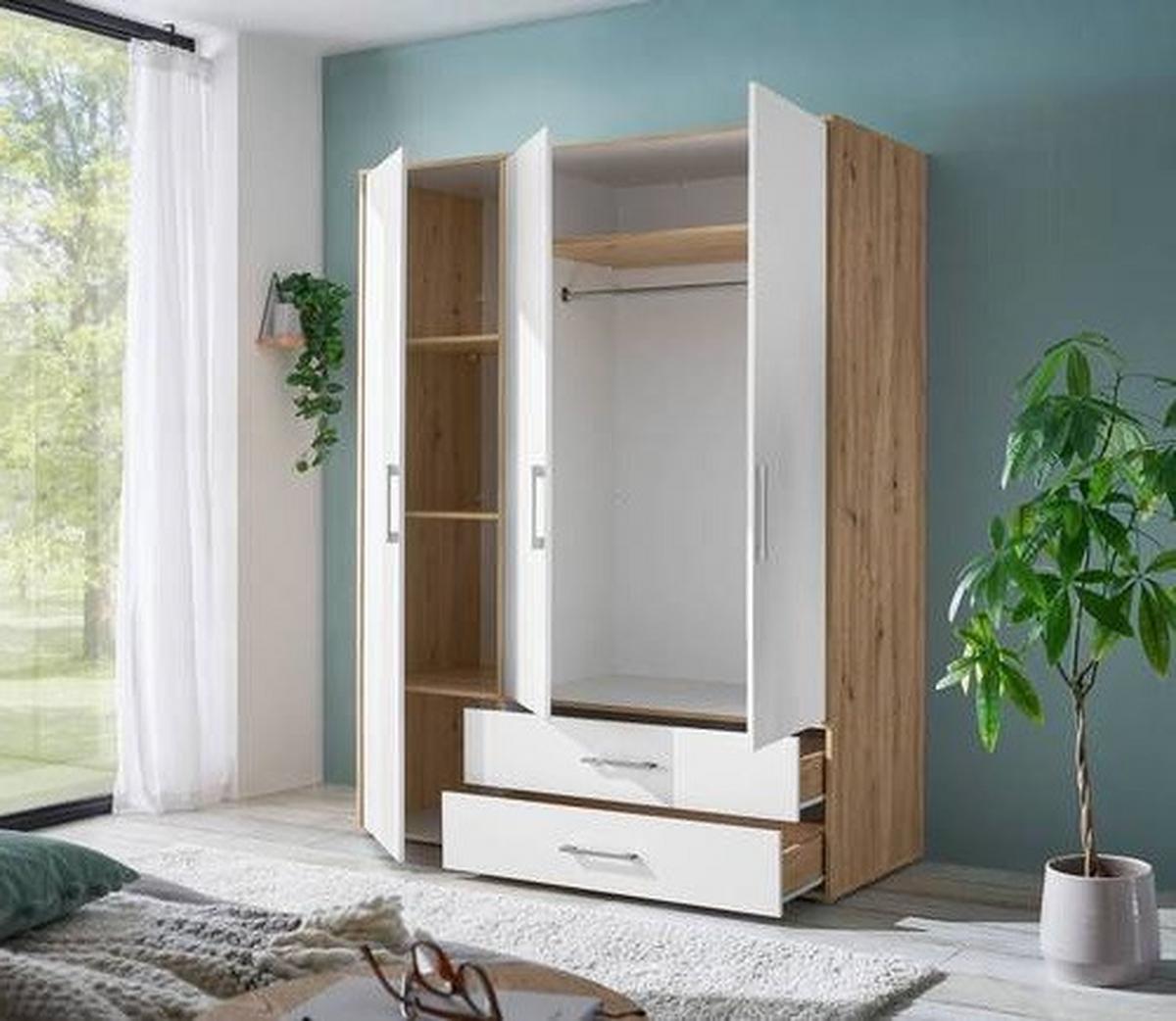 Kleiderschrank Lembo Weiß/Eiche Artisan - Alufarben/Weiß, KONVENTIONELL, Holzwerkstoff/Kunststoff (155/195/60cm) - Based