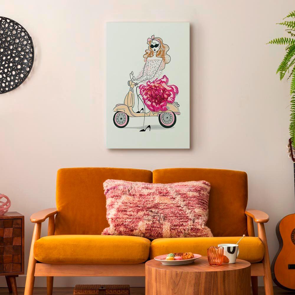 Slika Na Platnu Girl On A Scooter - magenta/bež, Basics, tekstil/les (80/120/1,2cm) - artgeist