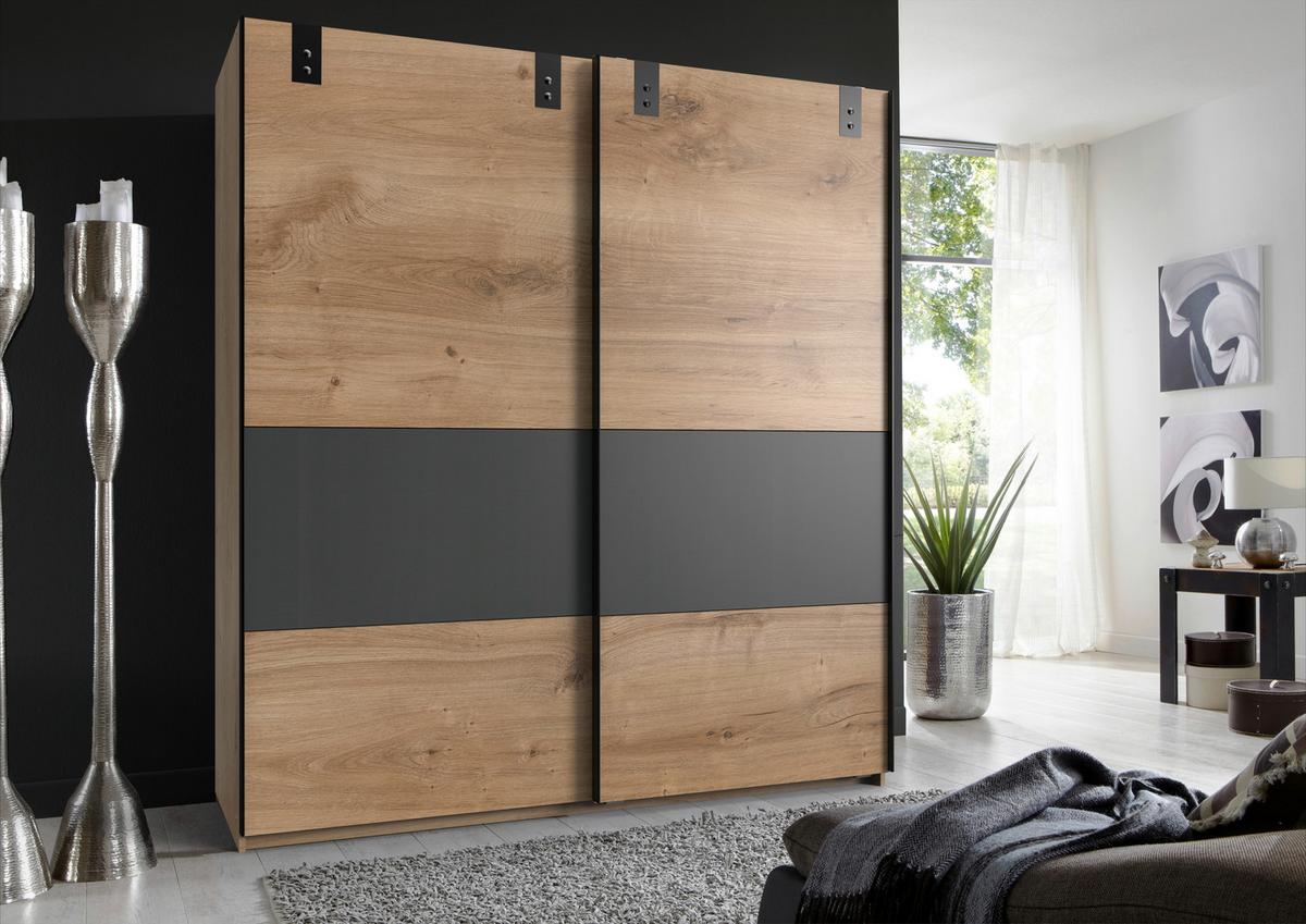 Schwebetürenschrank in Eichefarben - Eichefarben/Graphitfarben, Konventionell, Holzwerkstoff/Metall (180/198/64cm) - Mömax