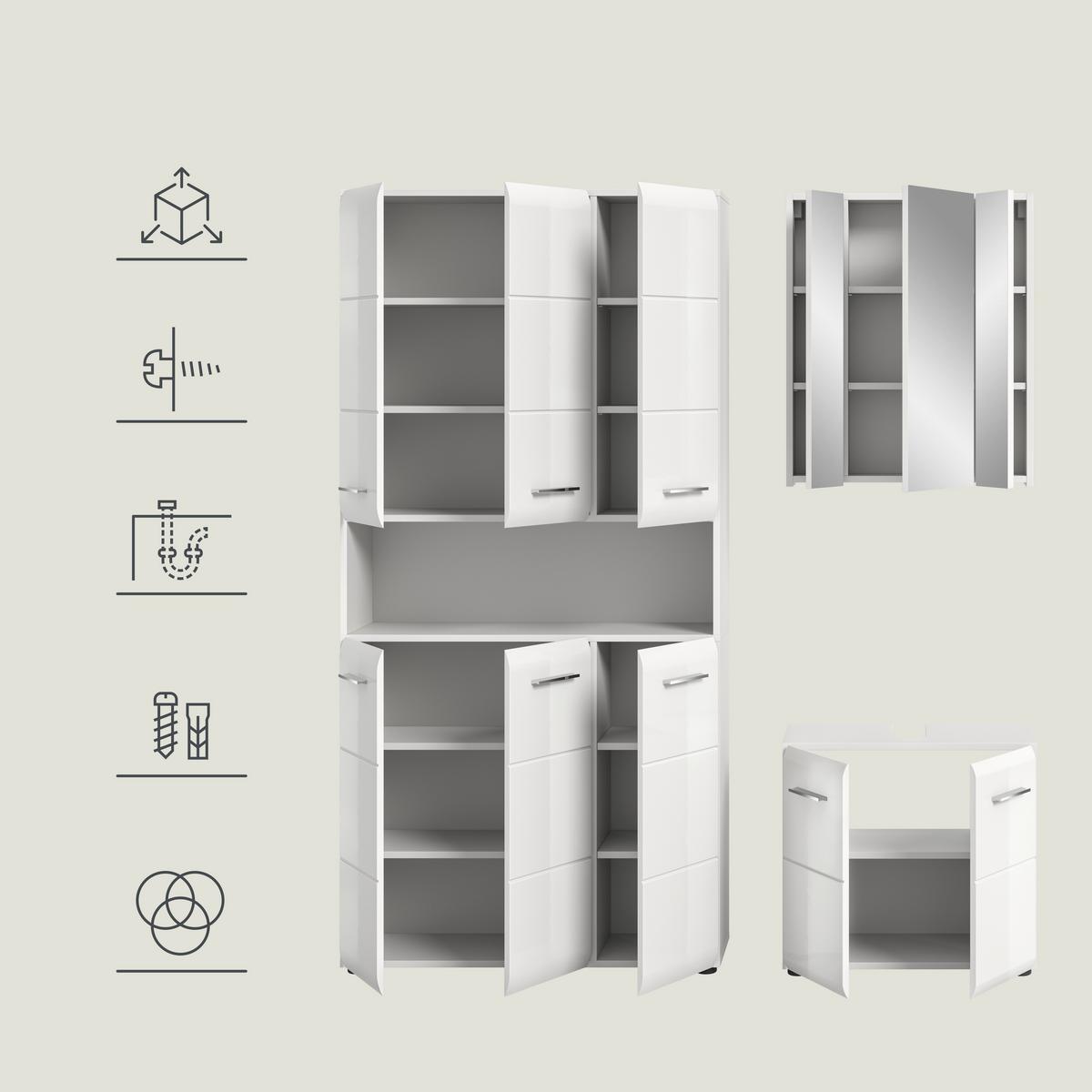 Badezimmer Ice 3-tlg. ca. 150 cm Weiß - Weiß Hochglanz/Silberfarben, MODERN, Holzwerkstoff/Kunststoff (150cm) - MID.YOU