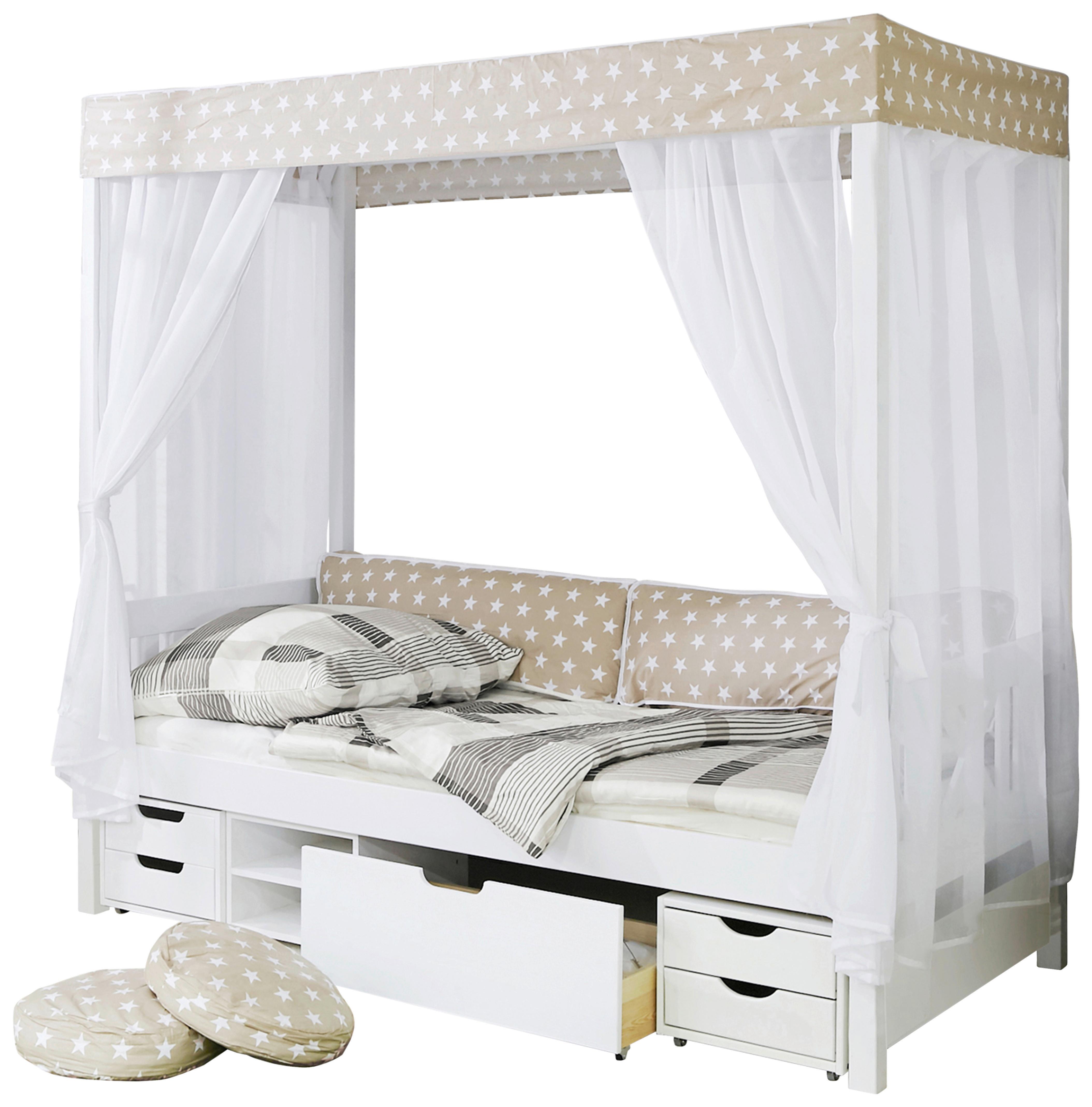 Himmelbett Lino ca. 90x200 cm Echtholz Weiß/Beige - Beige/Weiß, MODERN, Holz (90/200cm) - Livetastic