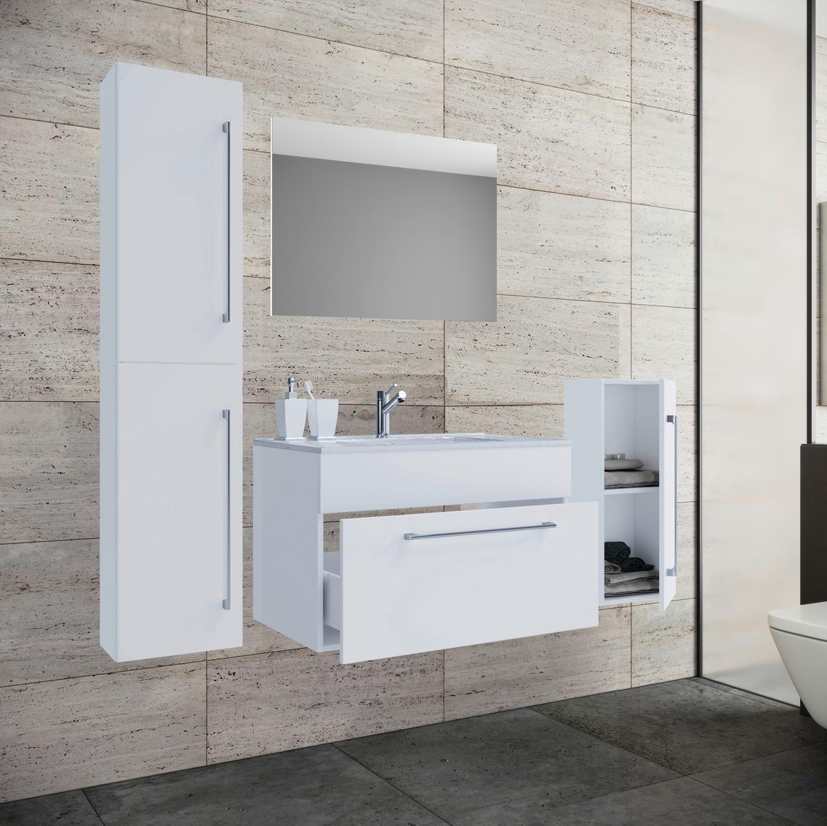 Kopalnica Badinos, Bela - bela/barve aluminija, Moderno, kovina/leseni material (126cm) - MID.YOU