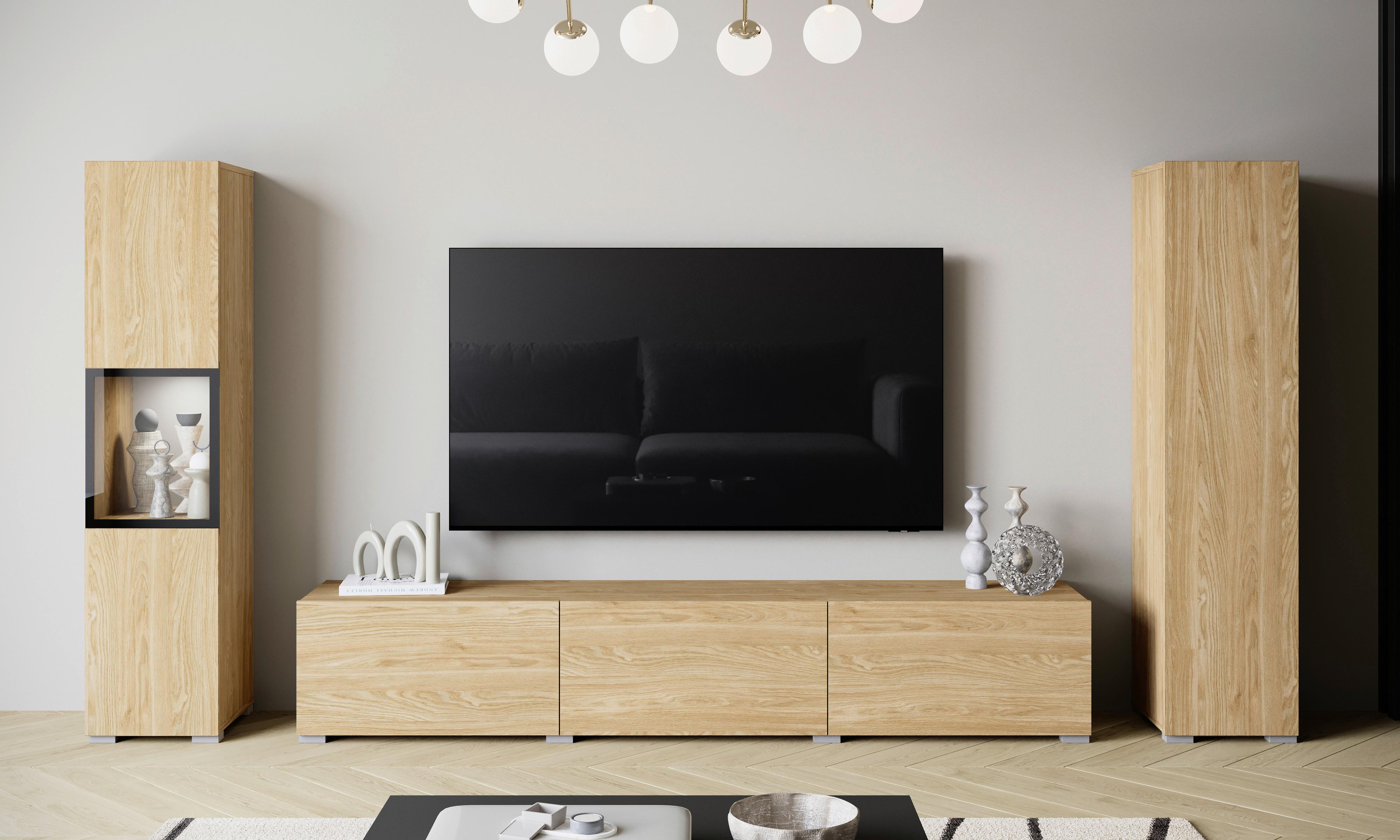 Wohnwand mit LED Berlin III Eichefarben - Eichefarben/Grau, Design, Glas/Holzwerkstoff (240/130/31cm) - P & B