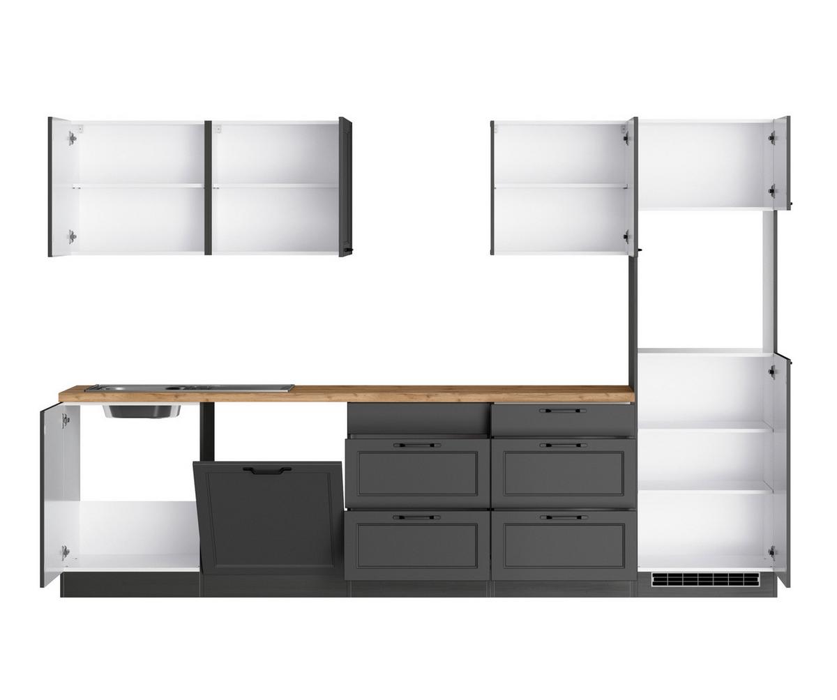Küchenzeile Meran ohne Geräte ca. 300 cm Grau/Eiche - Eiche Wotan/Schwarz, LIFESTYLE, Holzwerkstoff/Metall (300cm) - Held