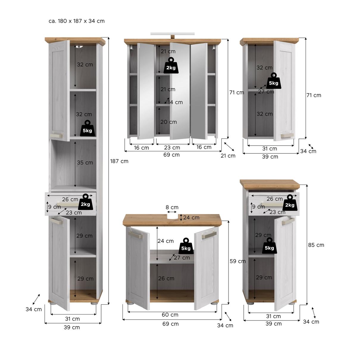 Badezimmer Verona Lärchenfarben/Eiche Artisan - Silberfarben/Lärchefarben, Trend, Glas/Holzwerkstoff (147cm) - MID.YOU