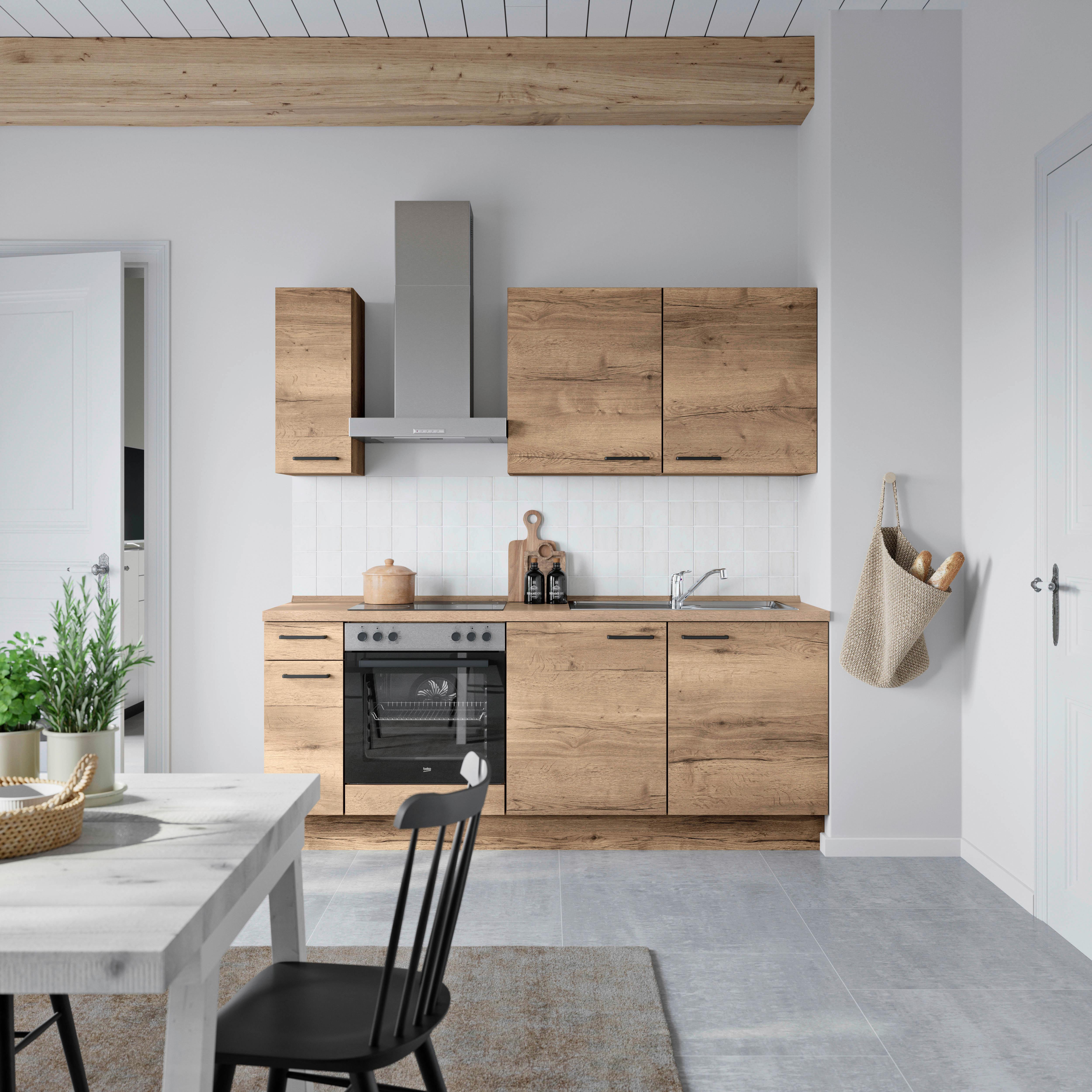 Küchenblock Structura Low m. Geräten Eiche dunkel - Eiche dunkel/Eichefarben, MODERN, Holzwerkstoff/Metall (210cm) - Nobilia