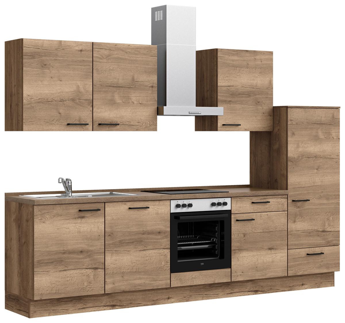 Küchenblock Structura Low m. Geräten Eiche dunkel - Eiche dunkel/Eichefarben, MODERN, Holzwerkstoff/Metall (300cm) - Nobilia