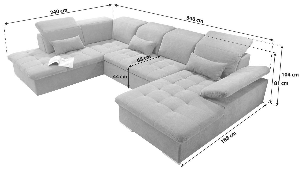 Wohnlandschaft Wayne U inkl. Kissen Dunkelgrau - Dunkelgrau/Silberfarben, KONVENTIONELL, Kunststoff/Textil (240/340/188cm) - MID.YOU