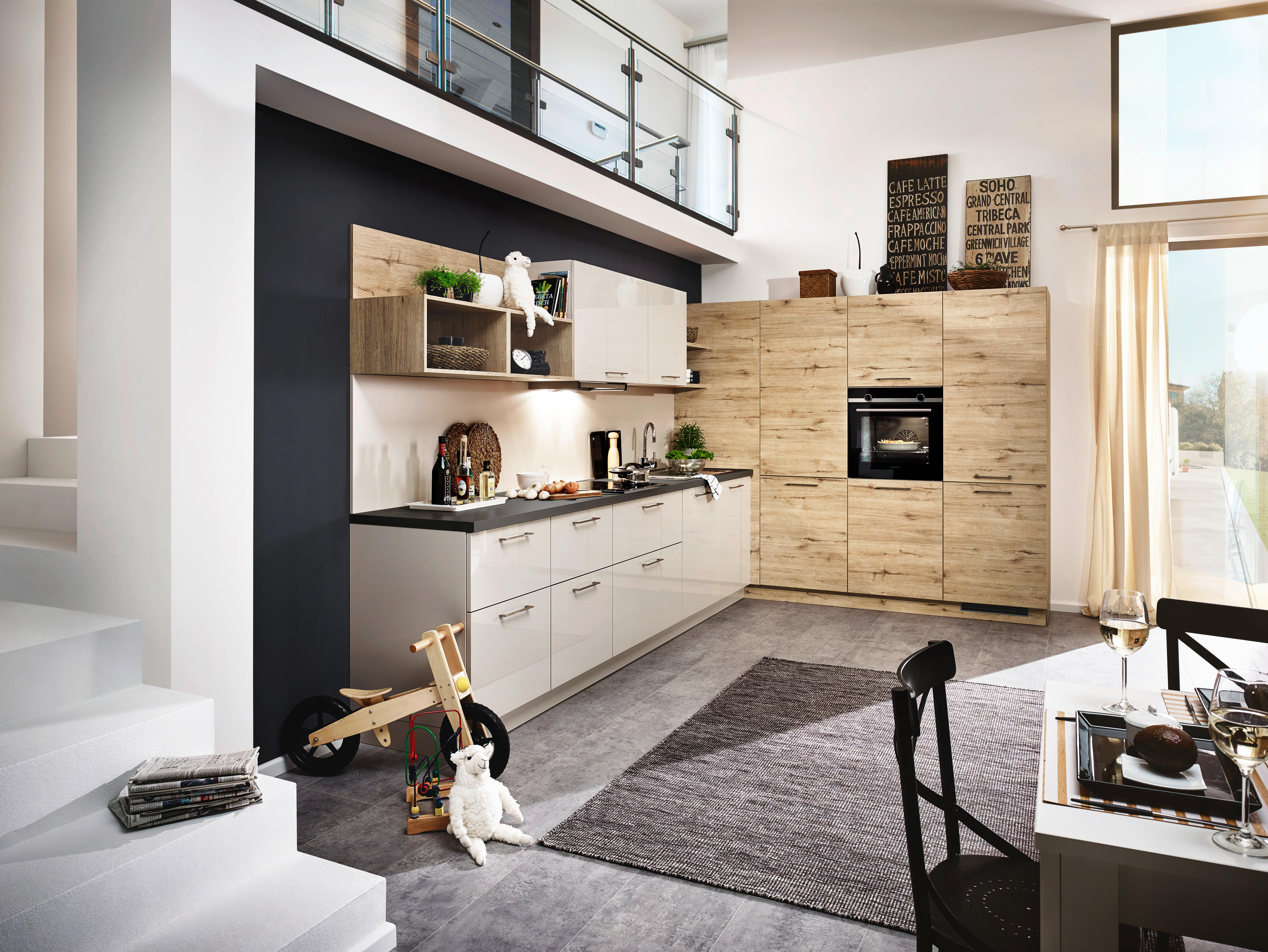 Einbauküche Lux Beige/Wildeiche - Wildeiche/Edelstahlfarben, Modern, Holzwerkstoff (338,2/180cm) - Dieter Knoll