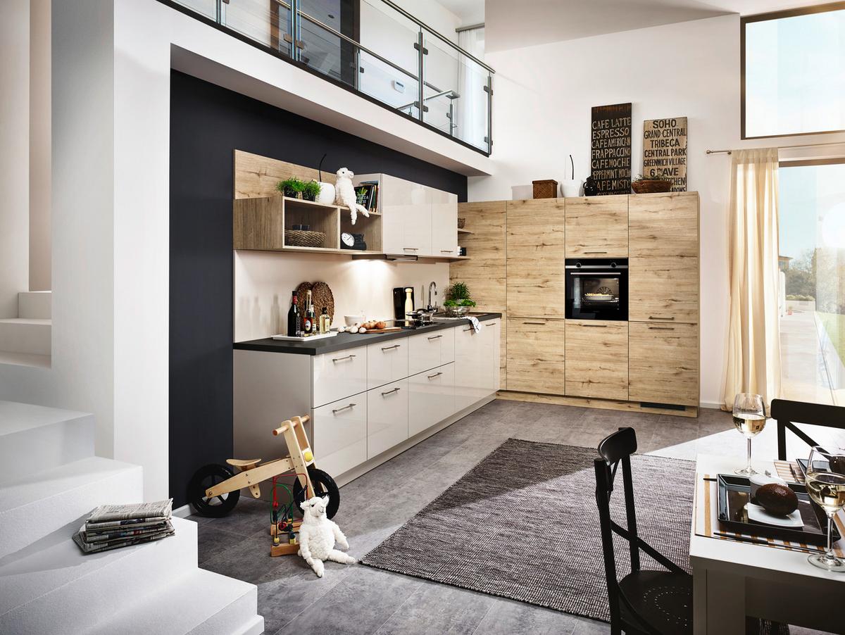 Einbauküche Lux Beige/Wildeiche - Wildeiche/Edelstahlfarben, MODERN, Holzwerkstoff (338,2/180cm) - Nolte Küchen