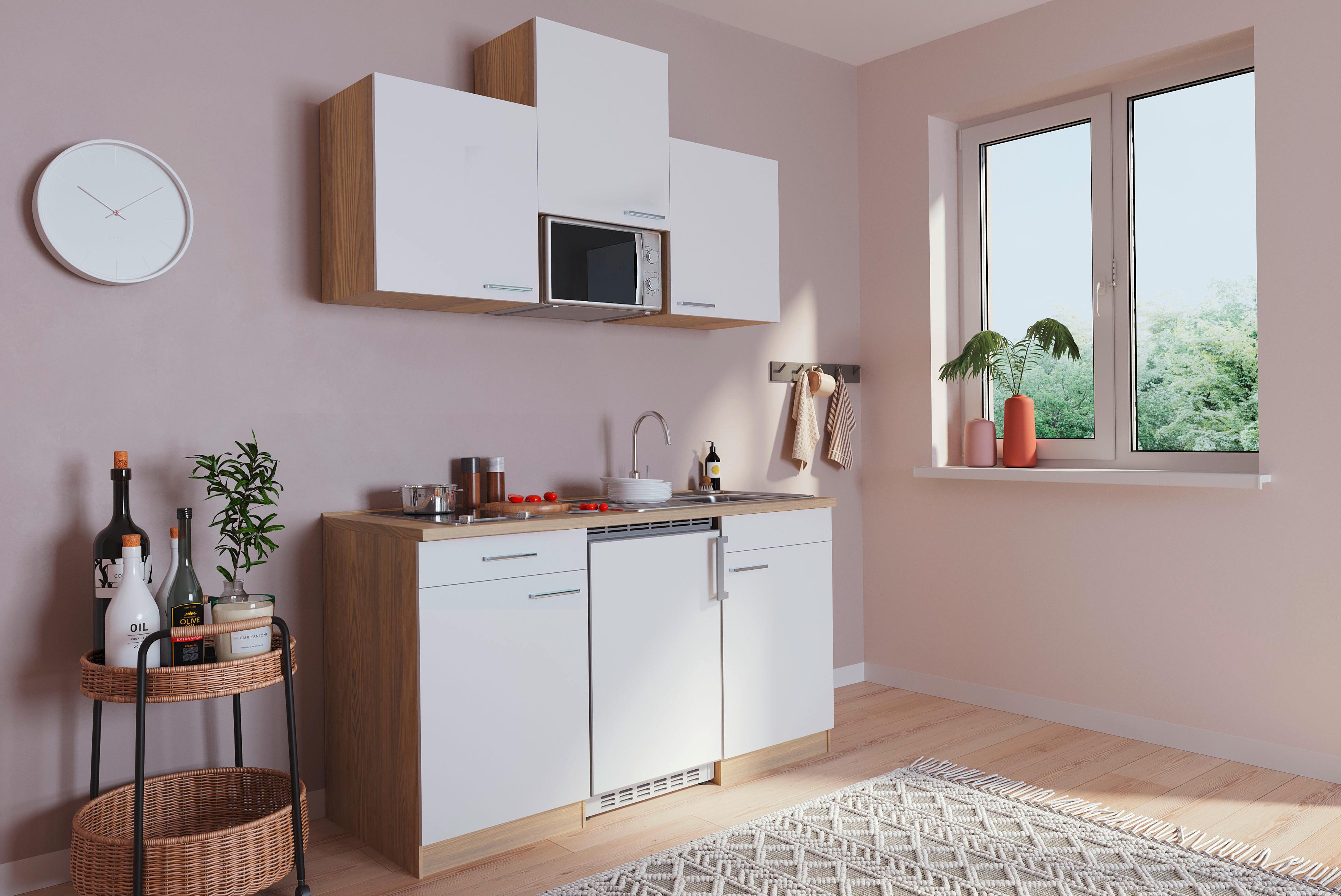 Miniküche Economy m. Geräten B: ca. 150cm Weiß - Eichefarben/Weiß, Basics, Holzwerkstoff (150cm) - Respekta