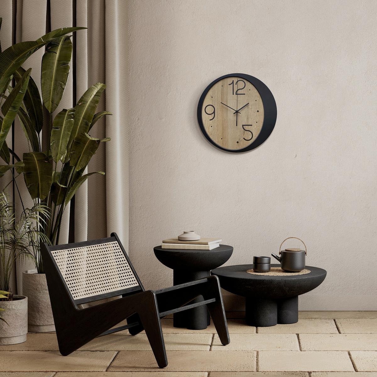 Wanduhr Schwarz/Eichefarben Ø ca. 36cm - Eichefarben/Schwarz, Basics, Holz/Kunststoff (36cm)