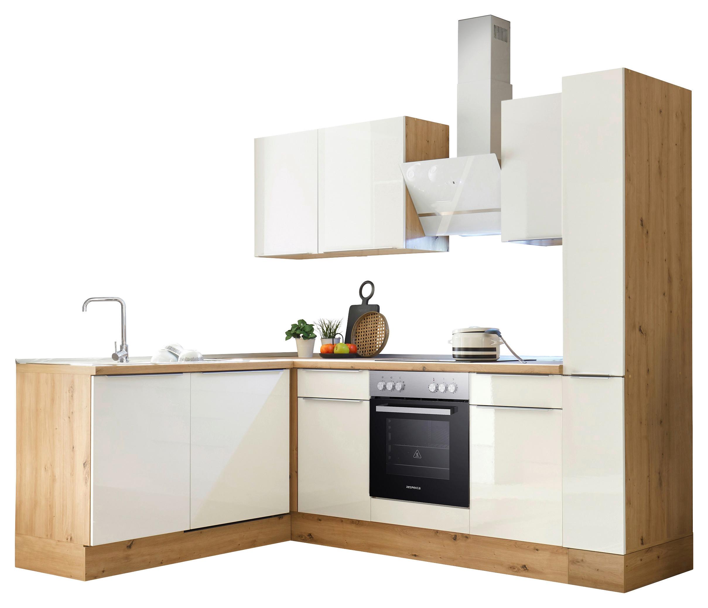 Eckküche Marleen m. Geräten Weiß Hochgl/Eiche ca.250x170cm - Weiß Hochglanz/Alufarben, LIFESTYLE, Holzwerkstoff/Kunststoff (250/170cm) - Respekta