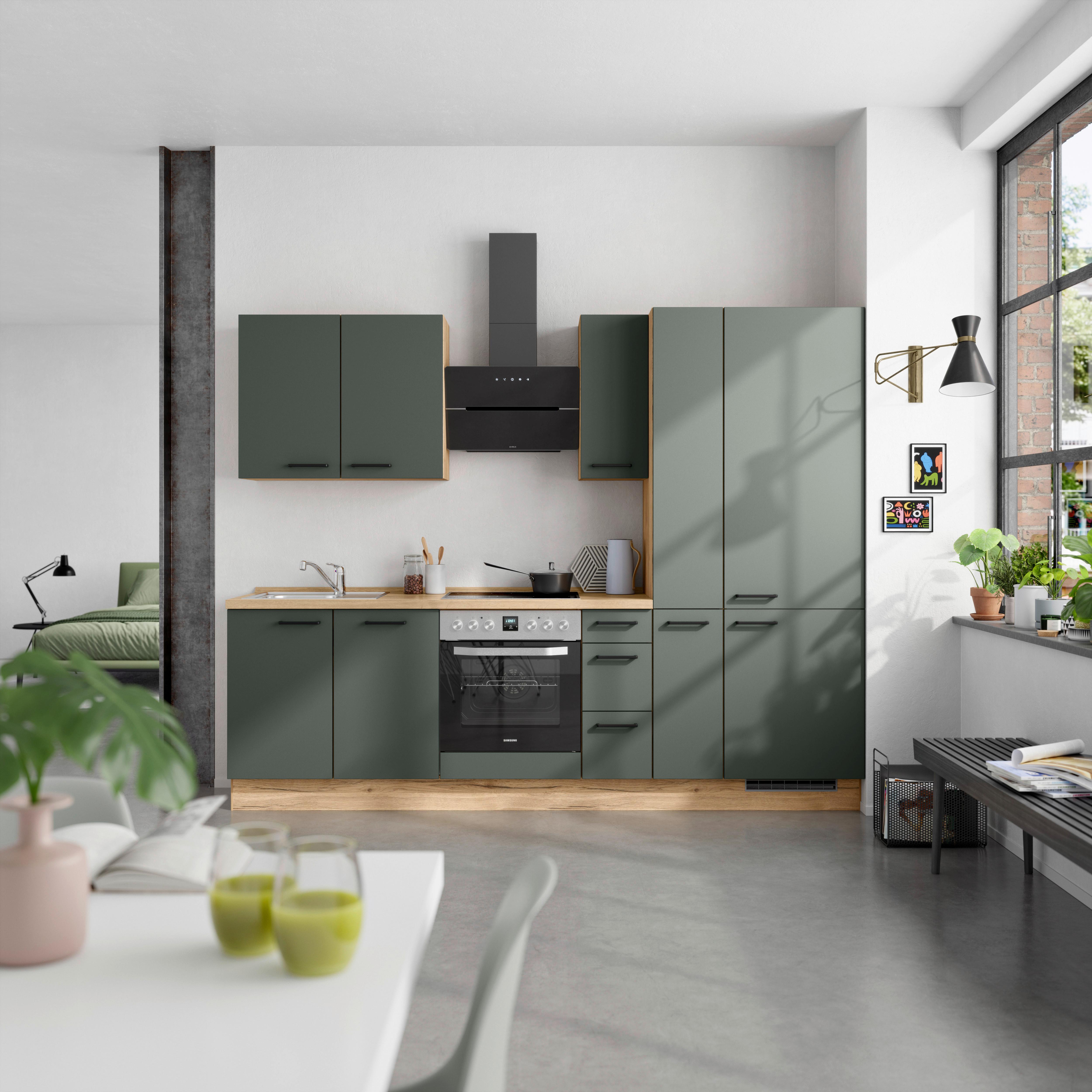 Küchenblock Easytouch High m. Geräten Dunkelgrün - Dunkelgrün/Eichefarben, MODERN, Holzwerkstoff/Metall (270cm) - Nobilia