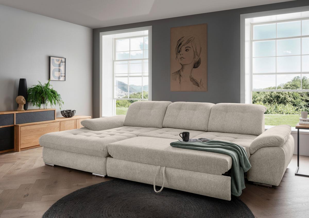 Ecksofa Rigatti Beige Chenille m. Bettkasten - Chromfarben/Beige, MODERN, Textil/Metall (184/314cm) - Livetastic